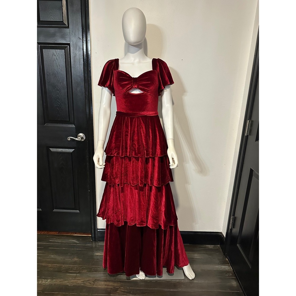 Red Velvet Tiered Maxi Dress Front Cutout Flutter Sleeve Formal Gown Red